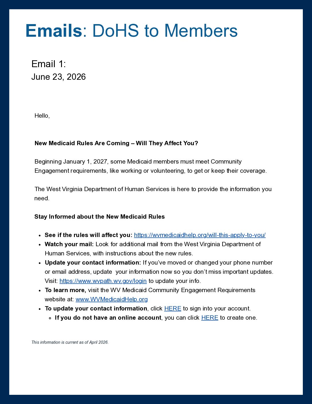 Medicaid Changes: Emails 1 & 2 for DoHS Members