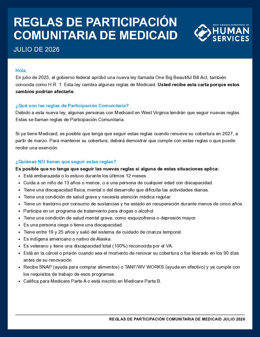 Medicaid Changes: Informal Letter - Español